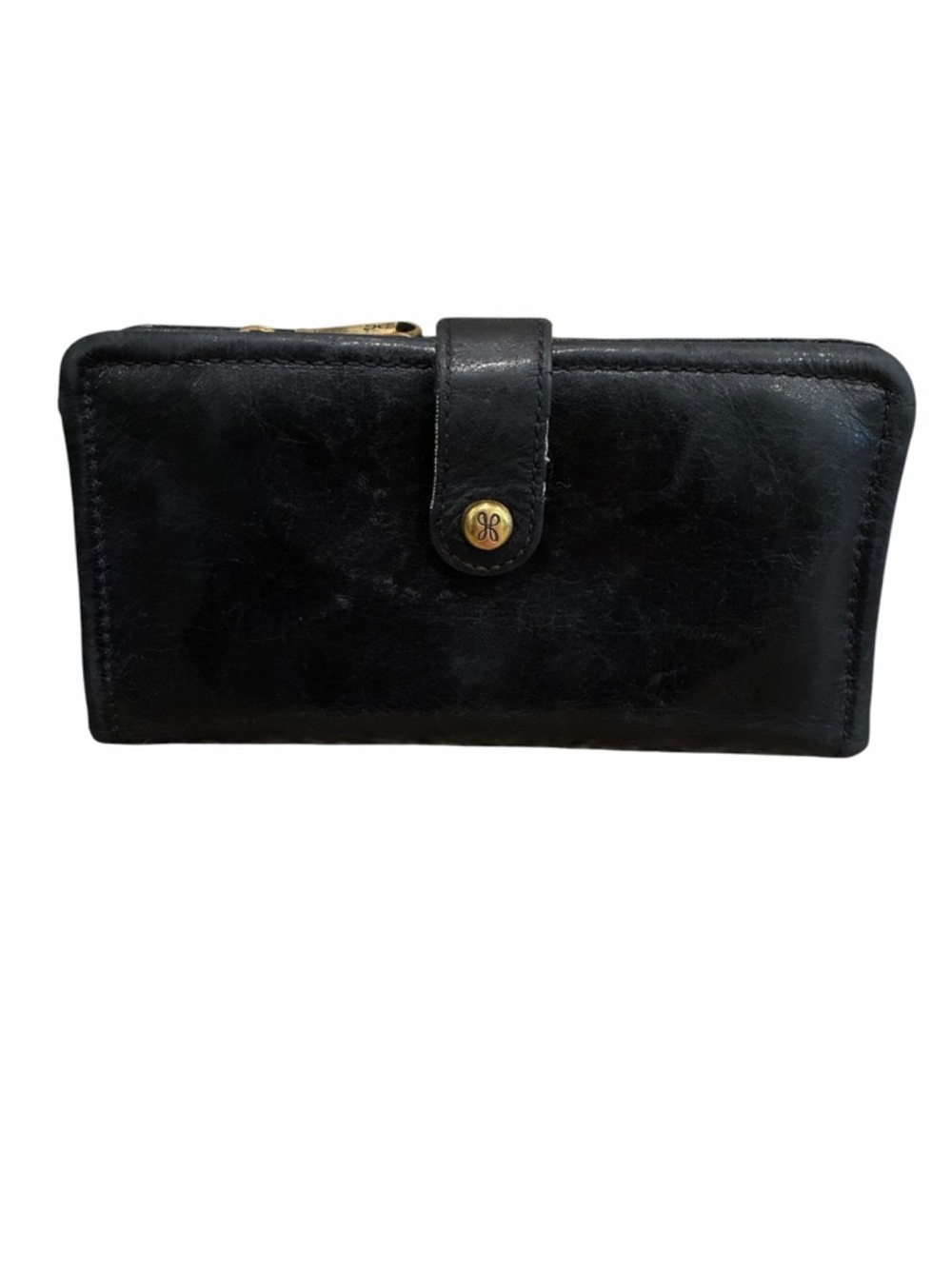 Hobo brand black leather wallet patina middle zip pouch hold 16 cards 425